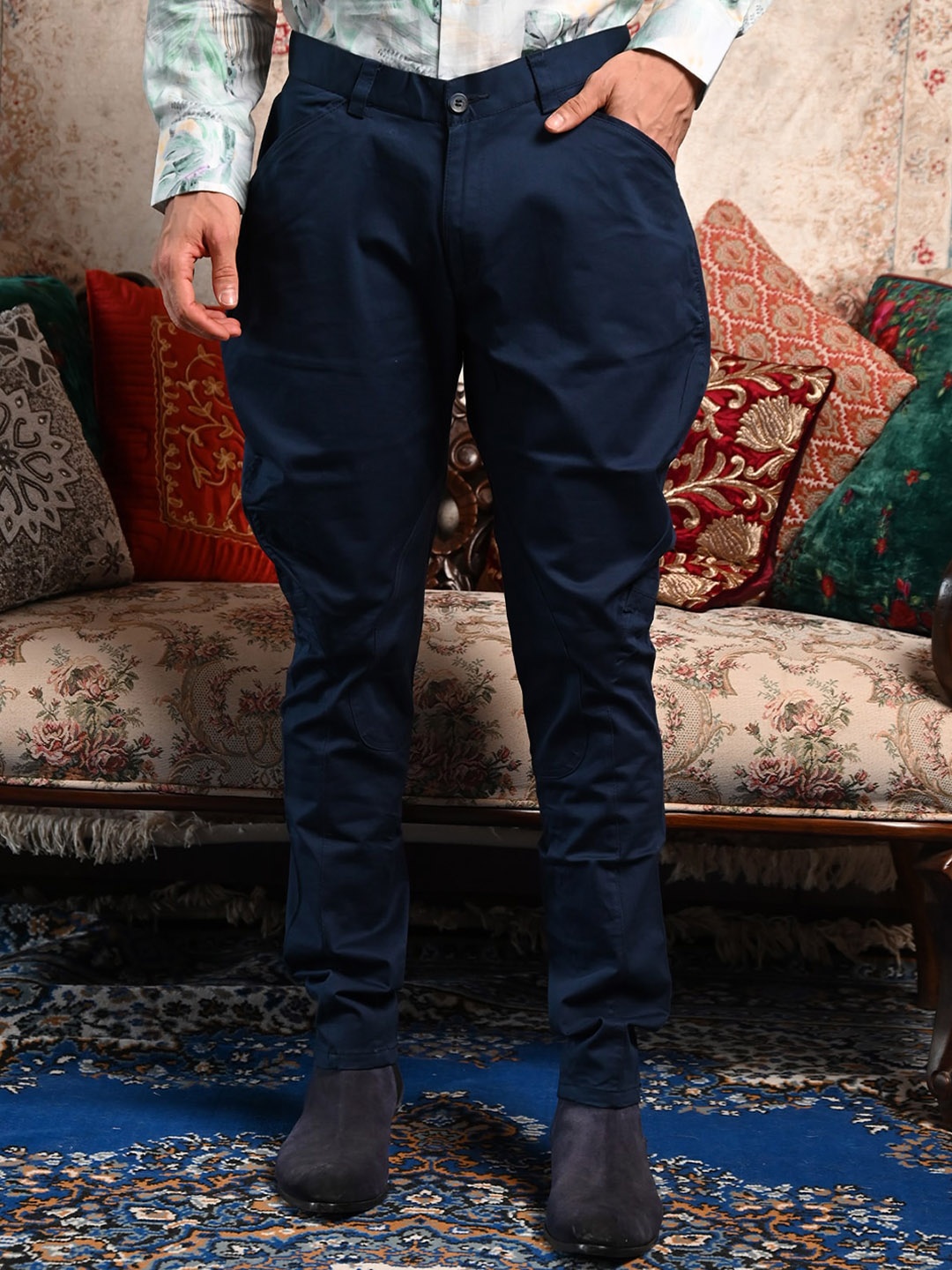 

ODETTE Men Comfort Regular Fit High-Rise Cotton Trousers, Blue