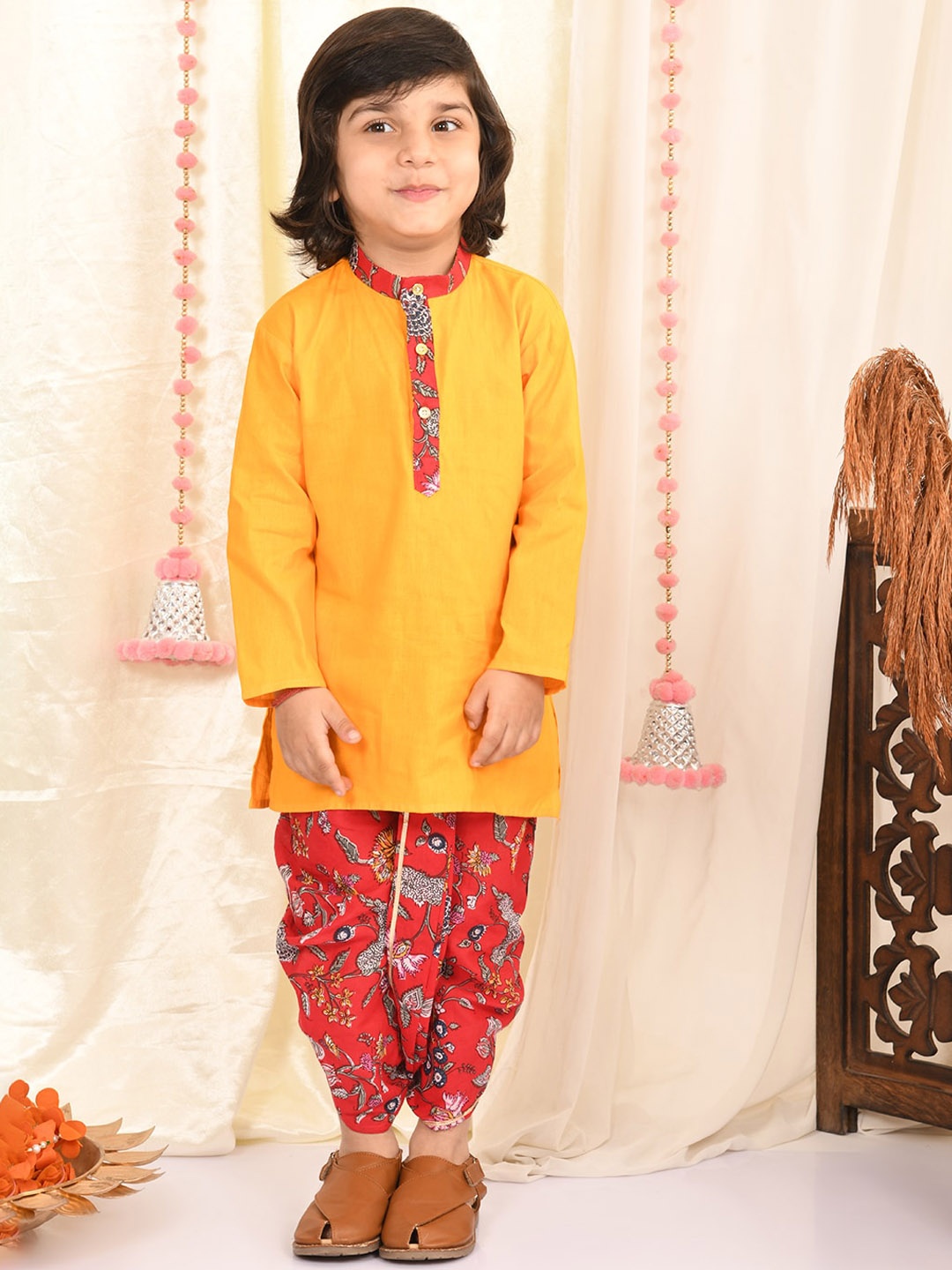 

Superminis Boys Straight Pure Cotton Kurta with Dhoti Pants, Mustard
