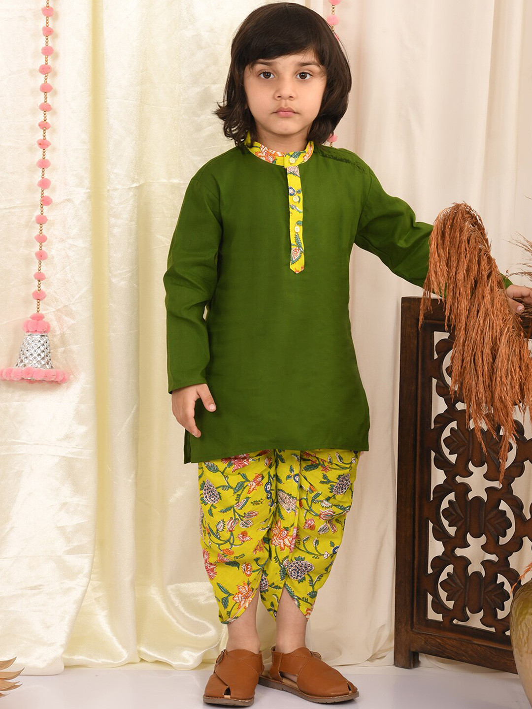 

Superminis Boys Regular Pure Cotton Kurta with Dhoti Pants, Green