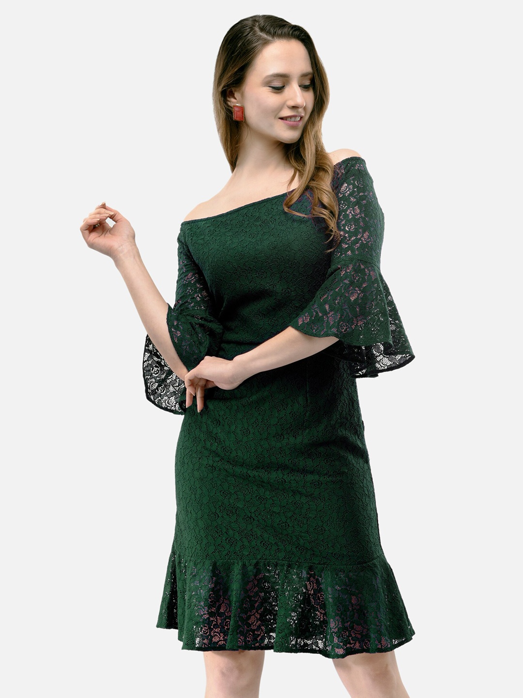 

V&M Self Design Bell Sleeves Cotton Sheath Dress, Green