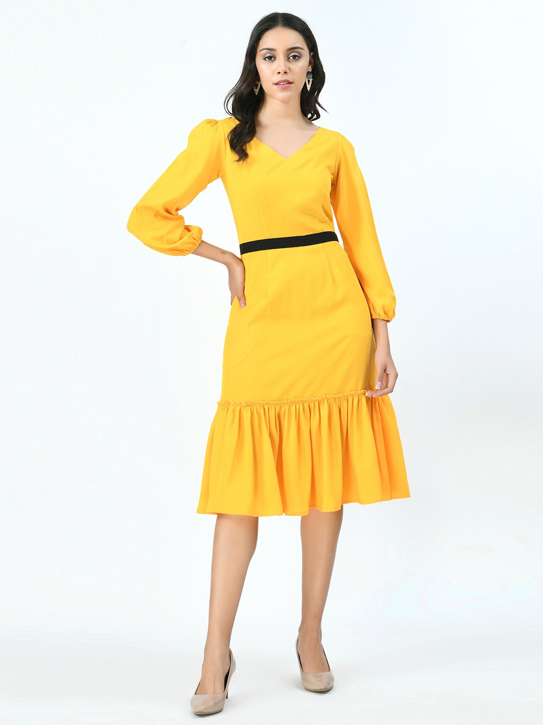 

V&M V-Neck Sheath Midi Dress With Belt, Mustard