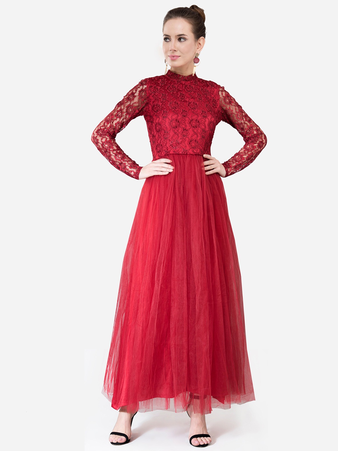 

V&M Self Design Long Sleeves Maxi Dress, Maroon