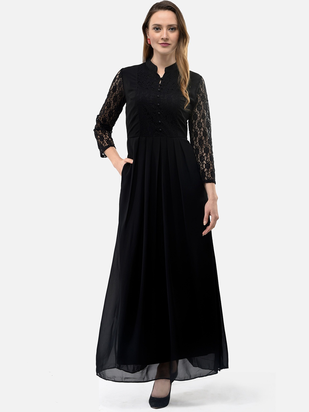 

V&M Mandarin Collar Maxi Dress, Black