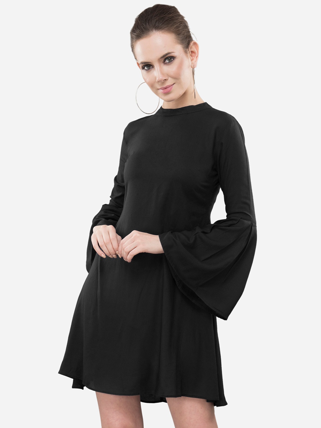 

V&M Bell Sleeves Round Neck A-Line Dress, Black