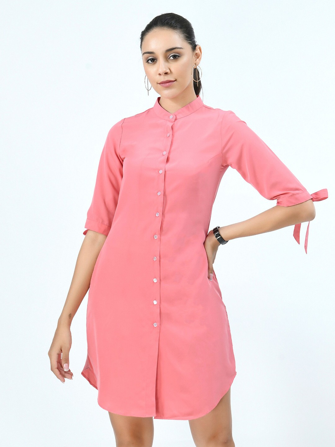 

V&M Mandarin Collar Shirt Dress, Pink