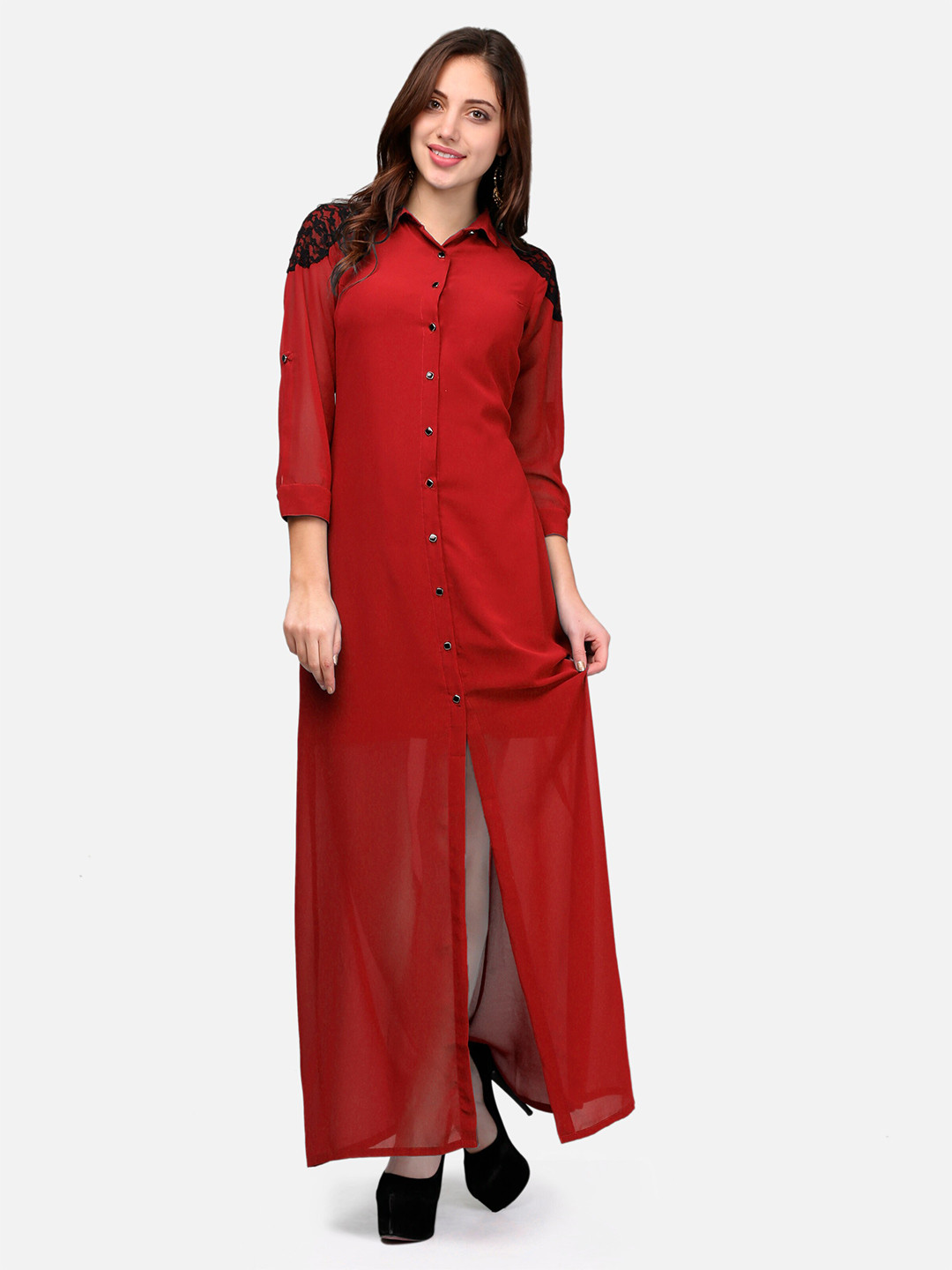 

V&M Georgette Shirt Maxi Dress, Red