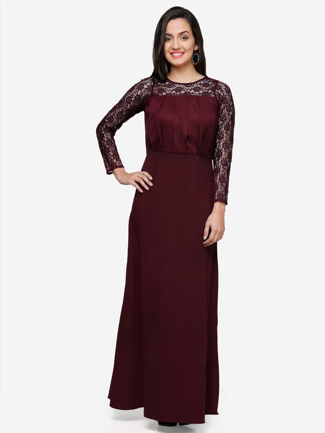 

V&M Self Design Long Sleeves Crepe Maxi Dress, Brown