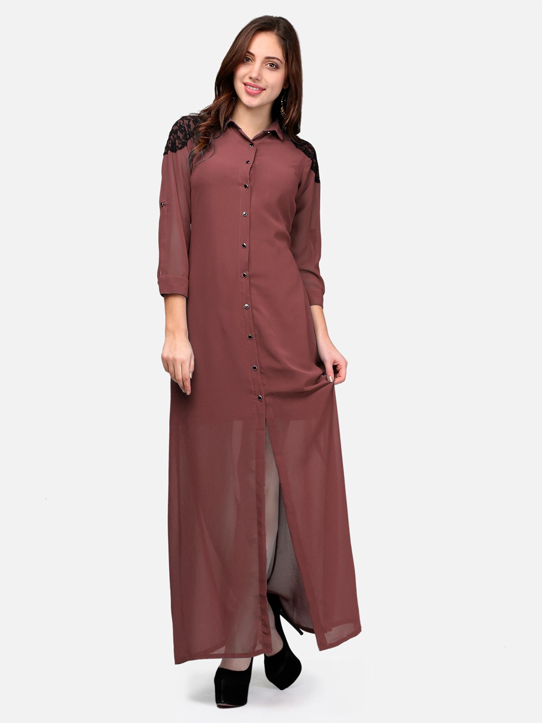 

V&M Shirt Collar Cuffed Sleeves Georgette Shirt Maxi Dress, Rust