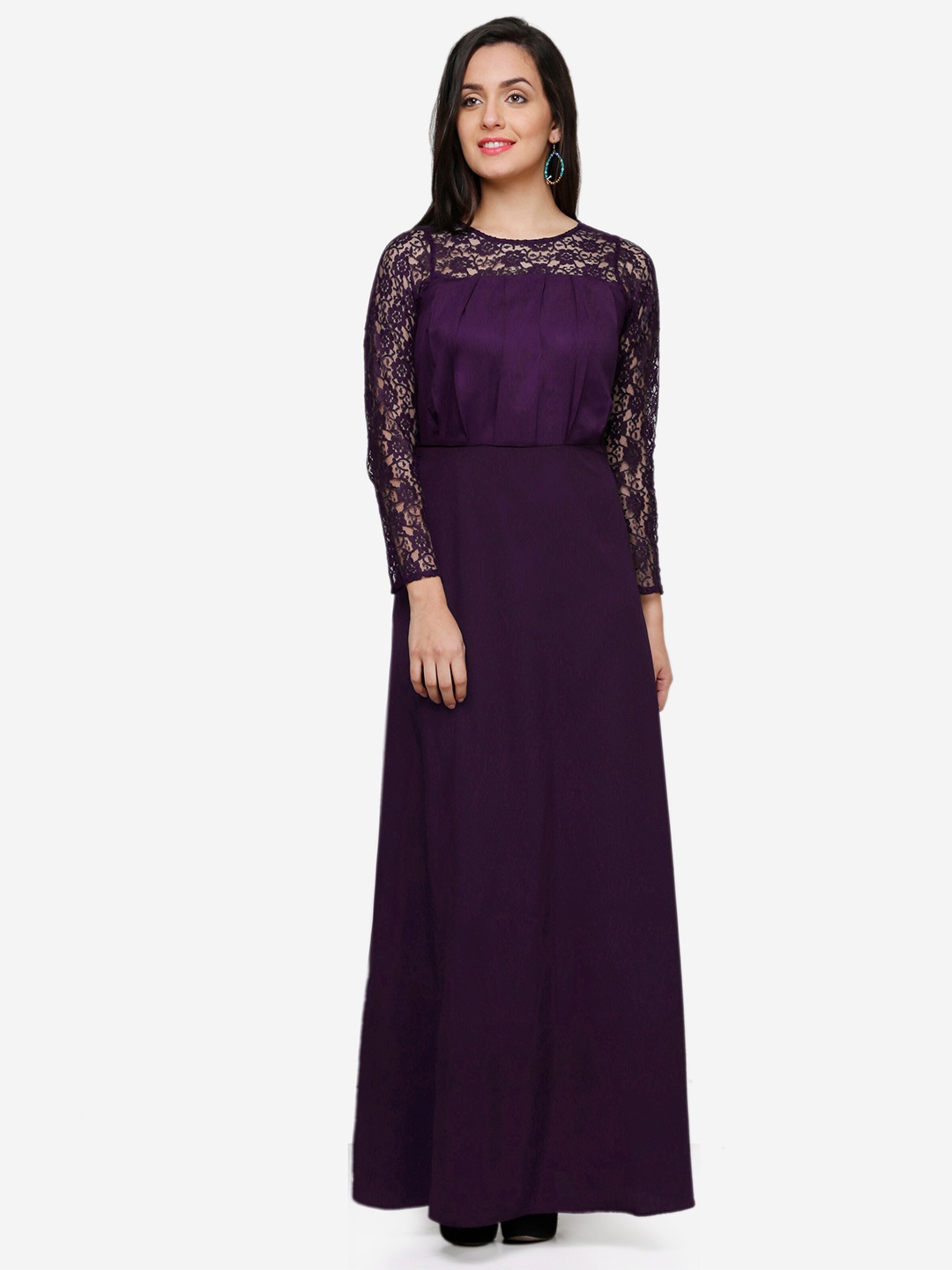 

V&M Self Design Long Sleeves Crepe Maxi Dress, Purple