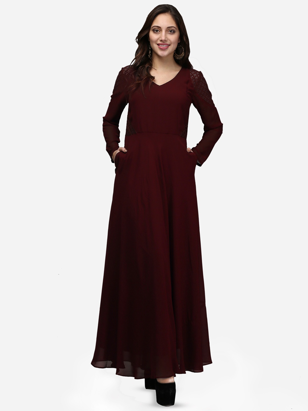 

V&M Self Design V-Neck Long Sleeves Georgette Maxi Dress, Brown