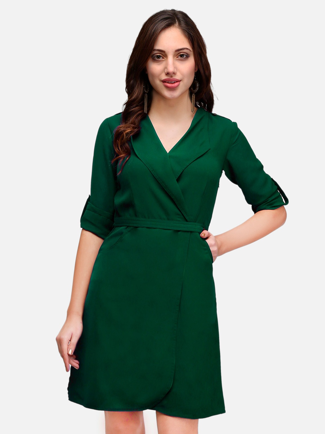 

V&M Lapel Collar Crepe Wrap Dress, Green