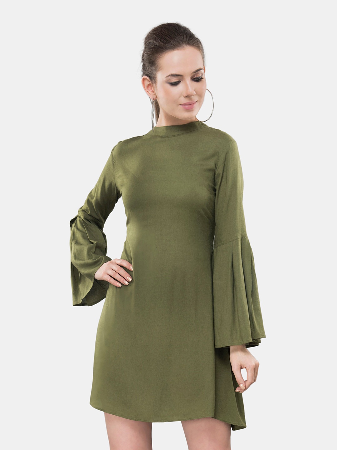 

V&M High Neck Bell Sleeve A-Line Mini Party Dress, Olive