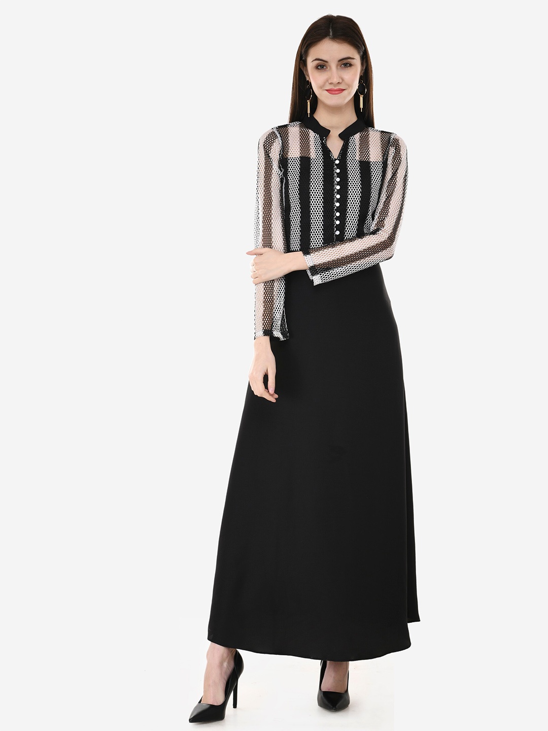 

V&M Self Design Lace Mandarin Collar Long Sleeves Maxi Dress, Black