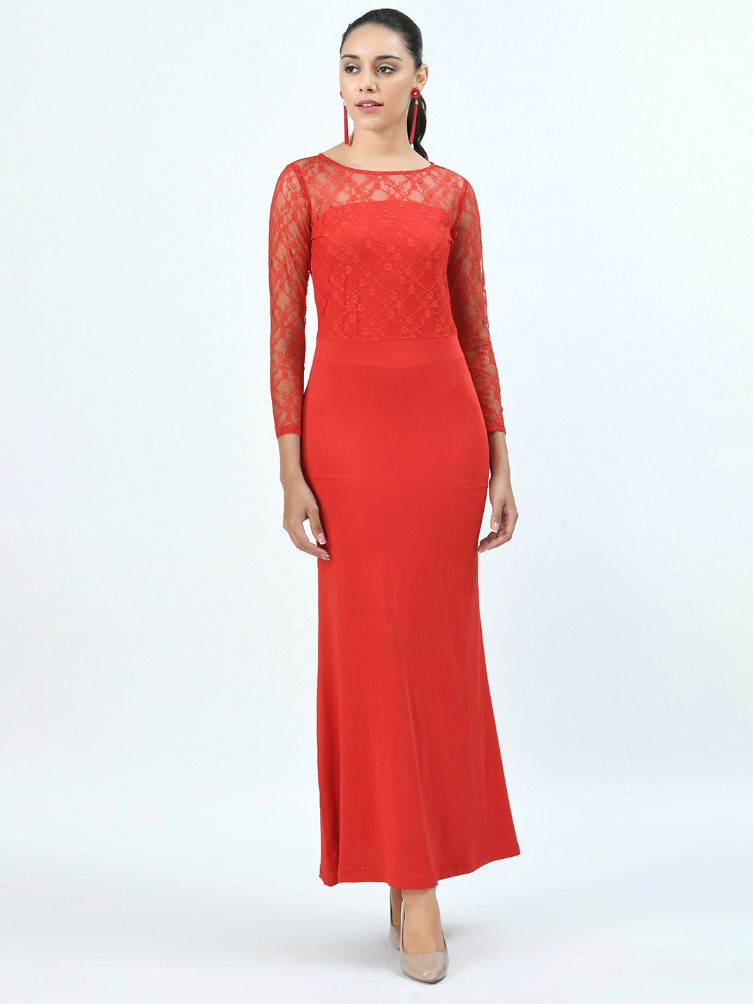 

V&M Round Neck Long Sleeves Opaque Maxi Casual Dress, Red