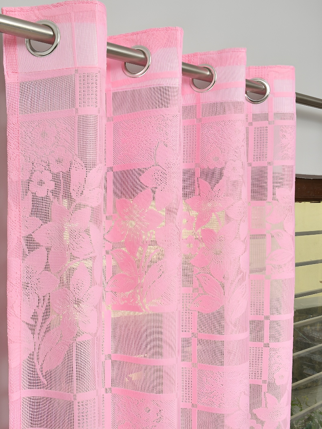 

Panipat Textile Hub Pink 2 Pieces Self Design Net Sheer Door Curtains