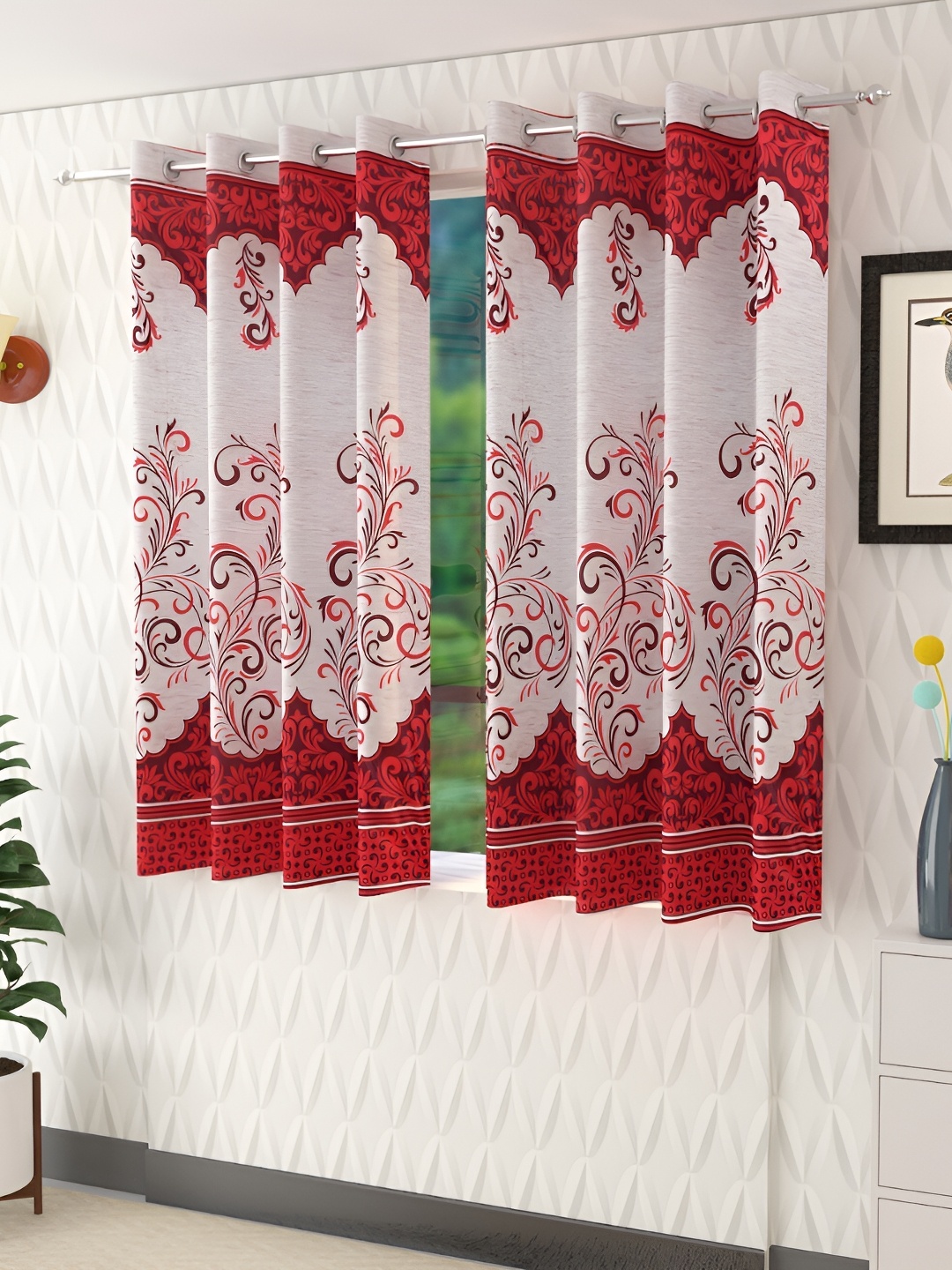 

Panipat Textile Hub White & Red 4 Pieces Floral Room Darkening Window Curtains