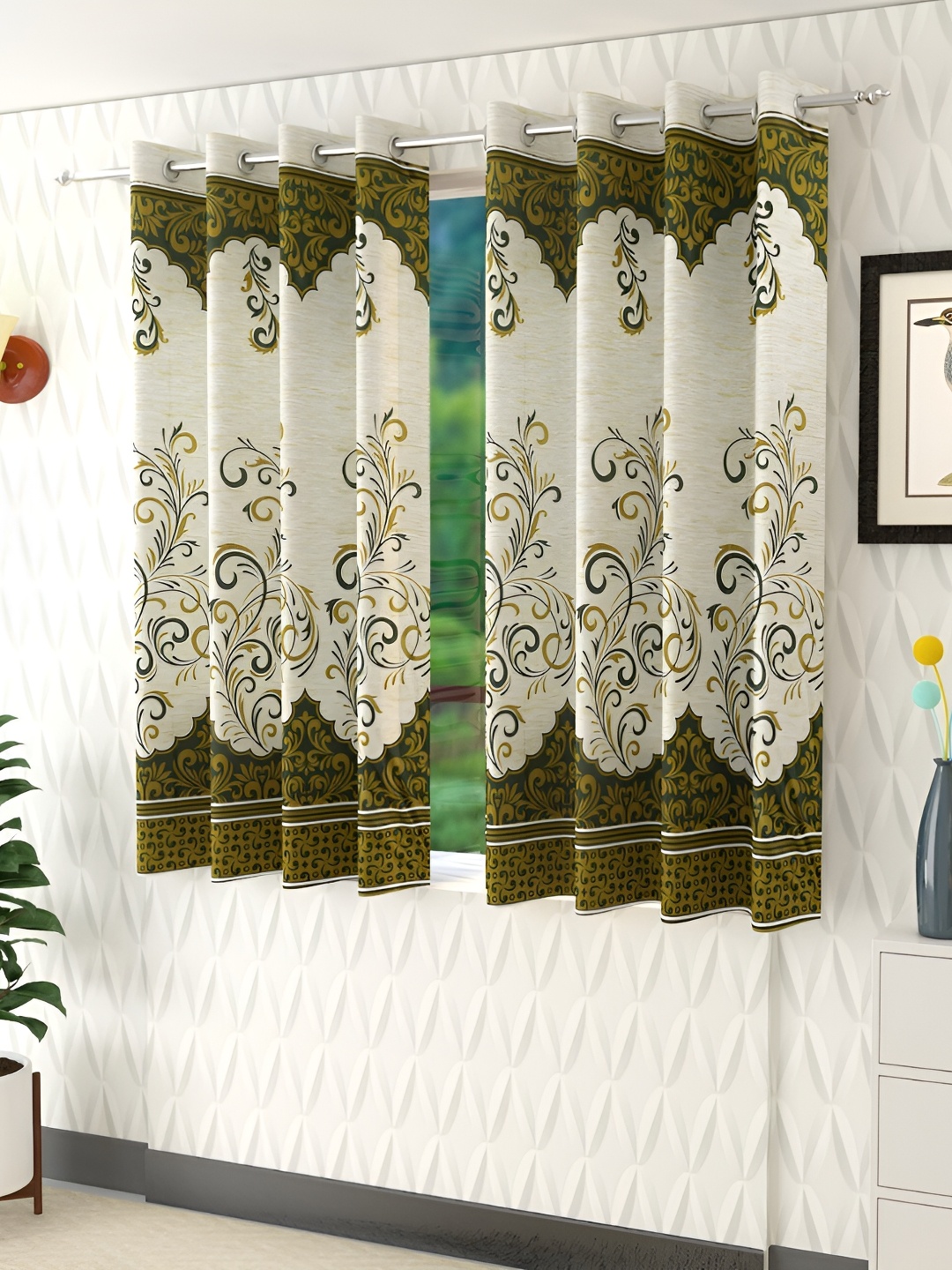 

Panipat Textile Hub Green & Beige 2 Pieces Floral Printed Window Curtains