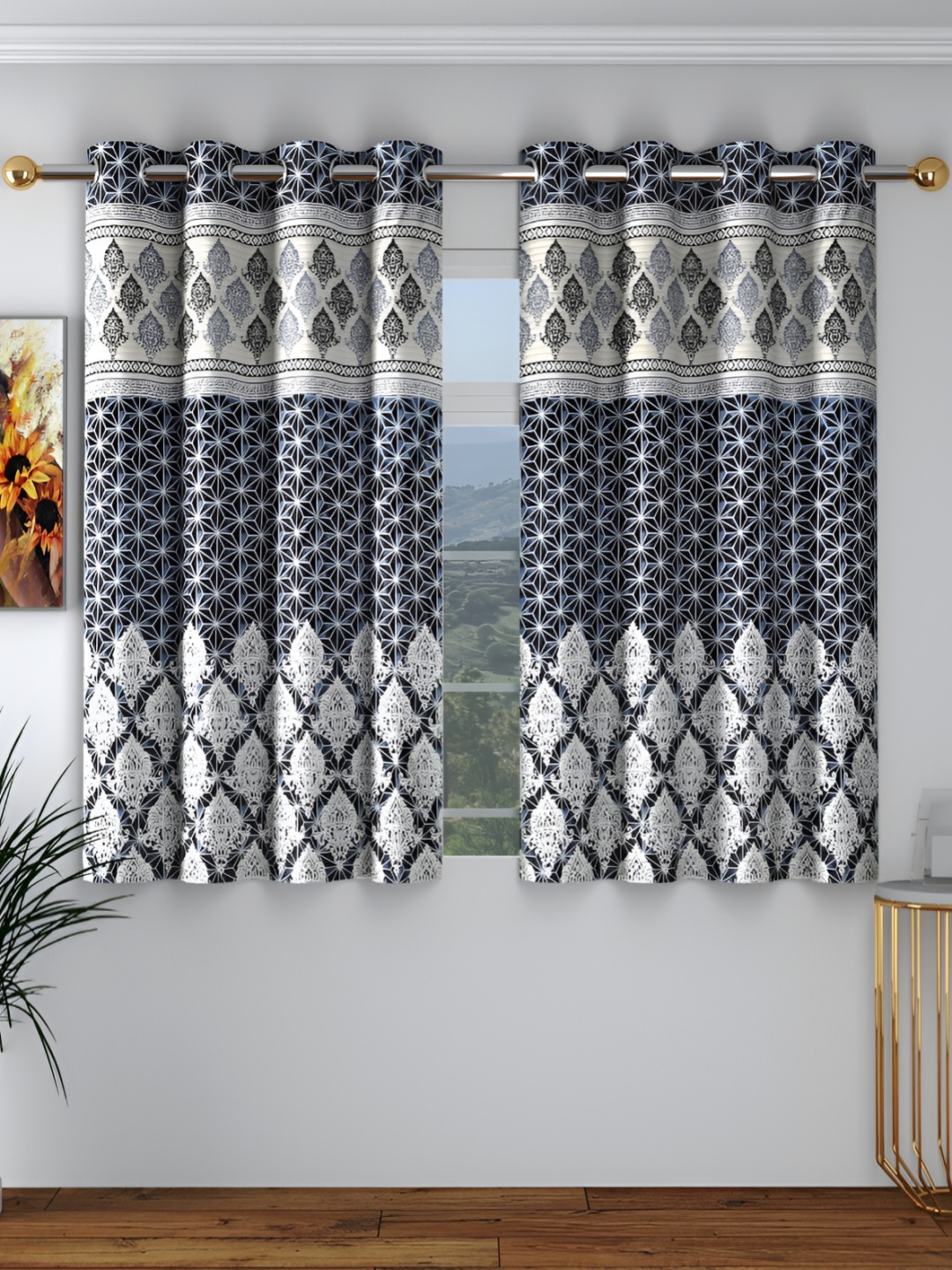 

Panipat Textile Hub Grey & Beige 2 Pieces Floral Room Darkening Window Curtains