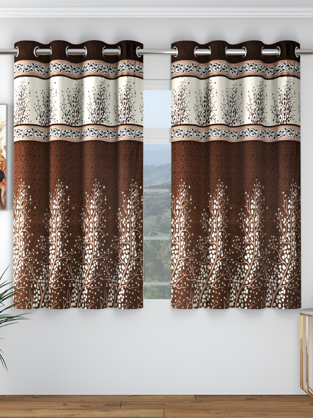 

Panipat Textile Hub Brown & Beige 2 Pieces Floral Room Darkening Window Curtain