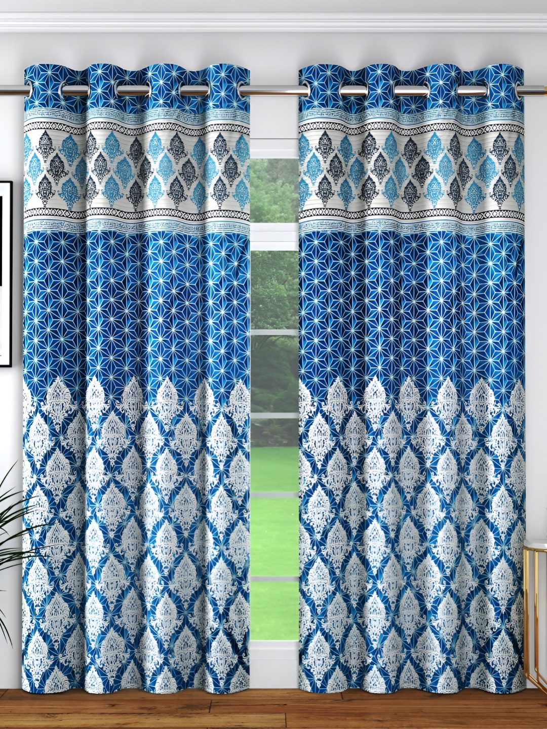 

Panipat Textile Hub Blue & White 2 Pieces Floral Room Darkening Door Curtain