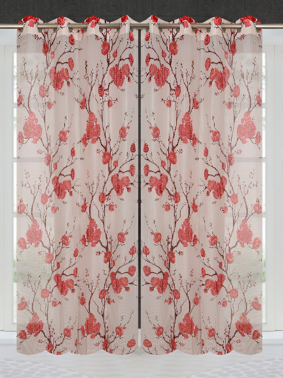 

Panipat Textile Hub Maroon & Off White 2 Pieces Printed Tissue Sheer Window Curtains