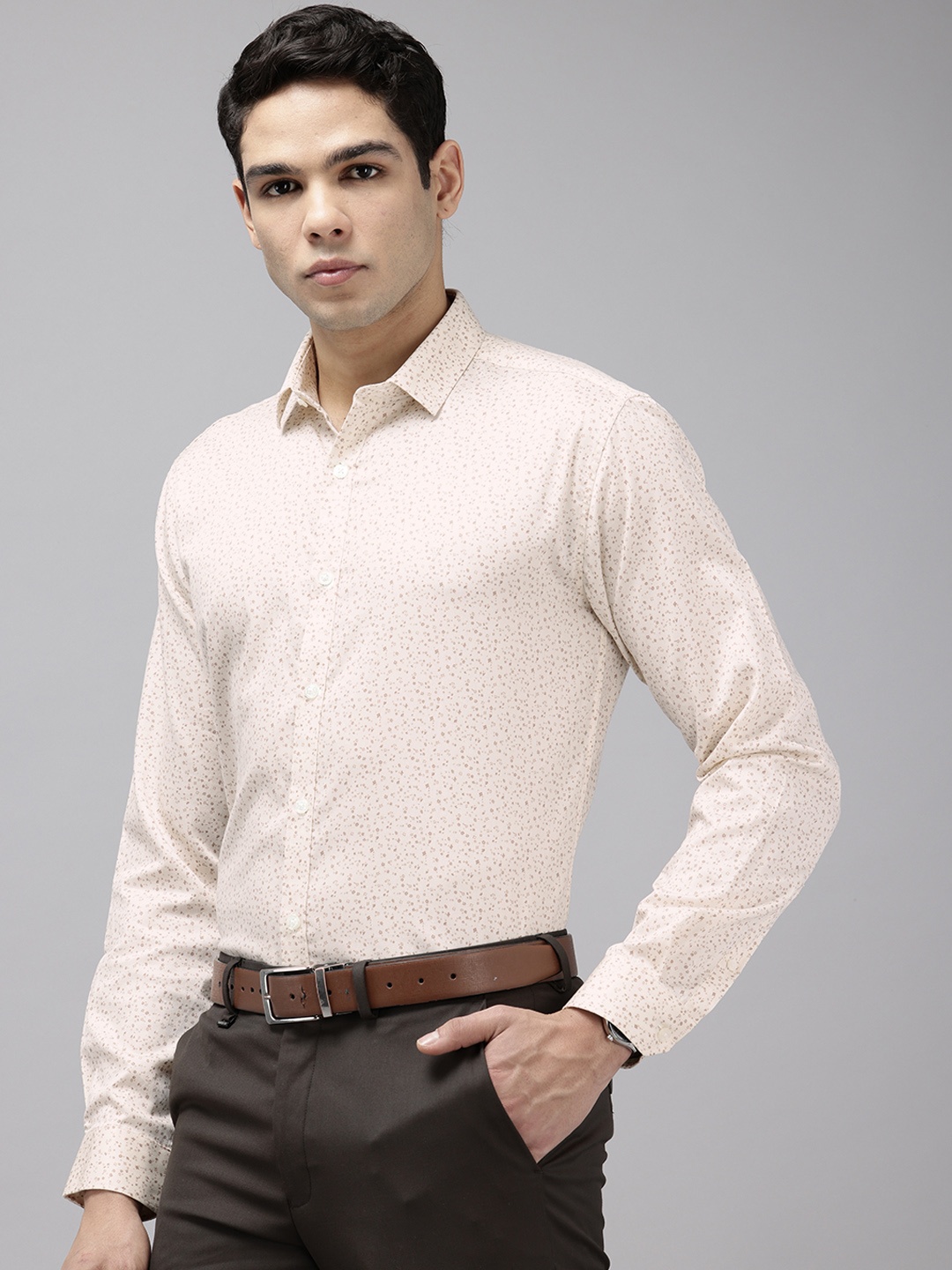 

V Dot Pure Cotton Slim Fit Floral Printed Formal Shirt, Beige