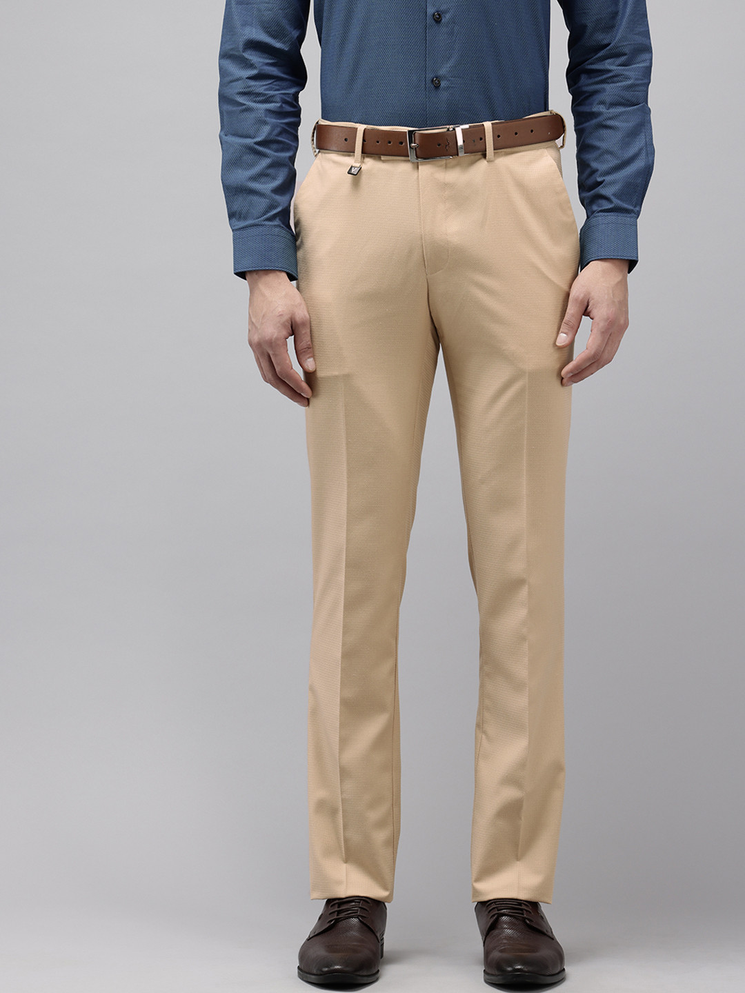 

V Dot Men Textured Skinny Fit Formal Trousers, Beige
