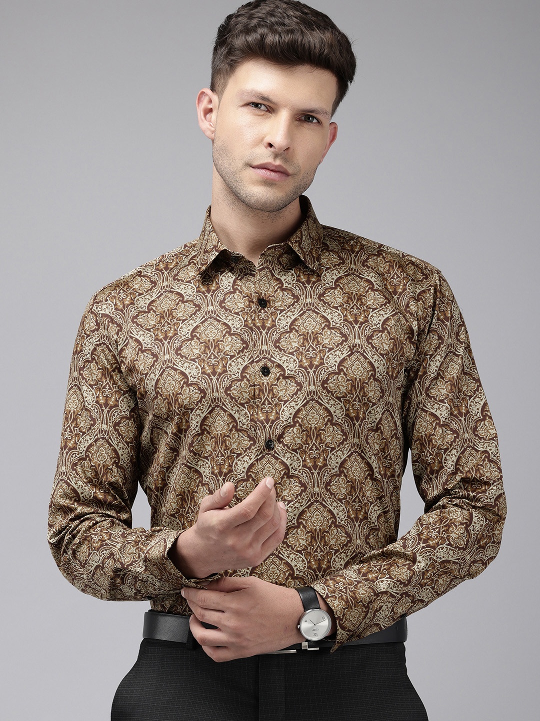 

V Dot Men Slim Fit Printed Pure Cotton Formal Shirt, Brown