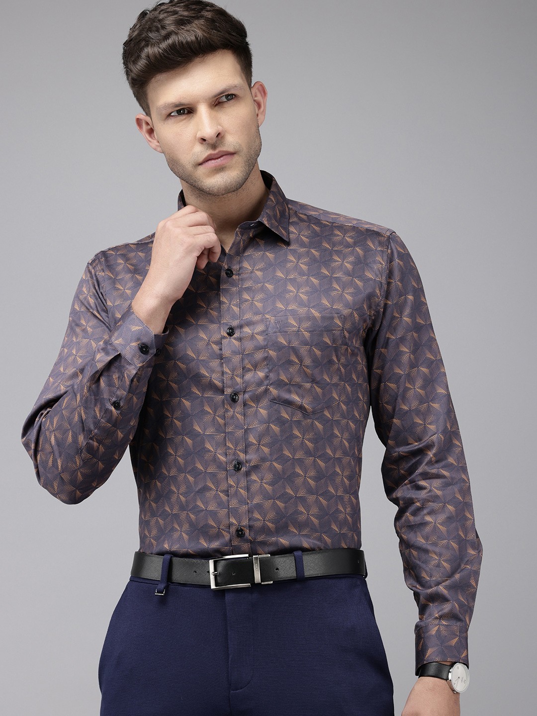

V Dot Slim Fit Printed Pure Cotton Formal Shirt, Navy blue