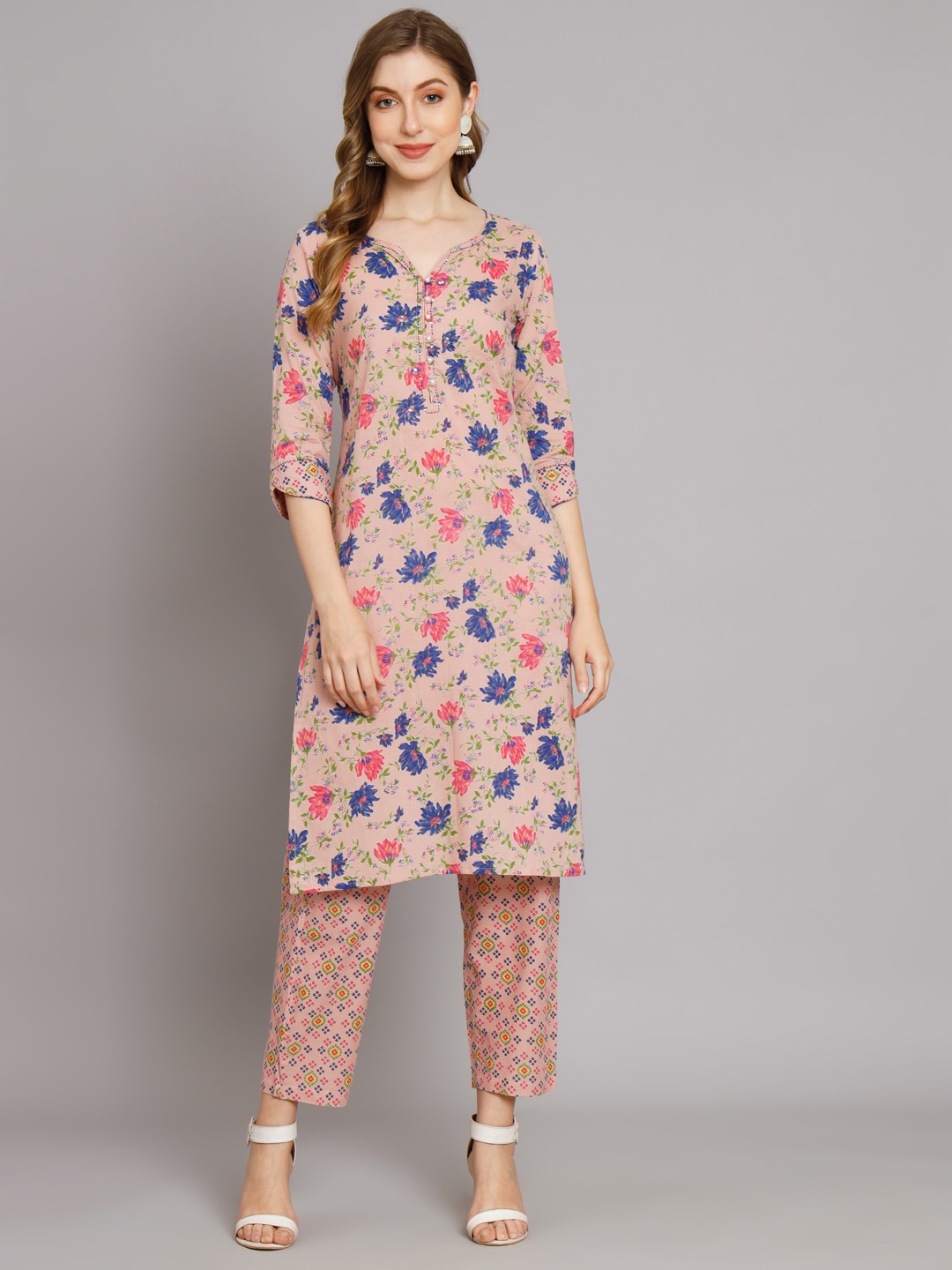 

KALINI Floral Printed V-Neck Three-Quarter Sleeves Thread Work Straight Kurta & Trousers, Pink