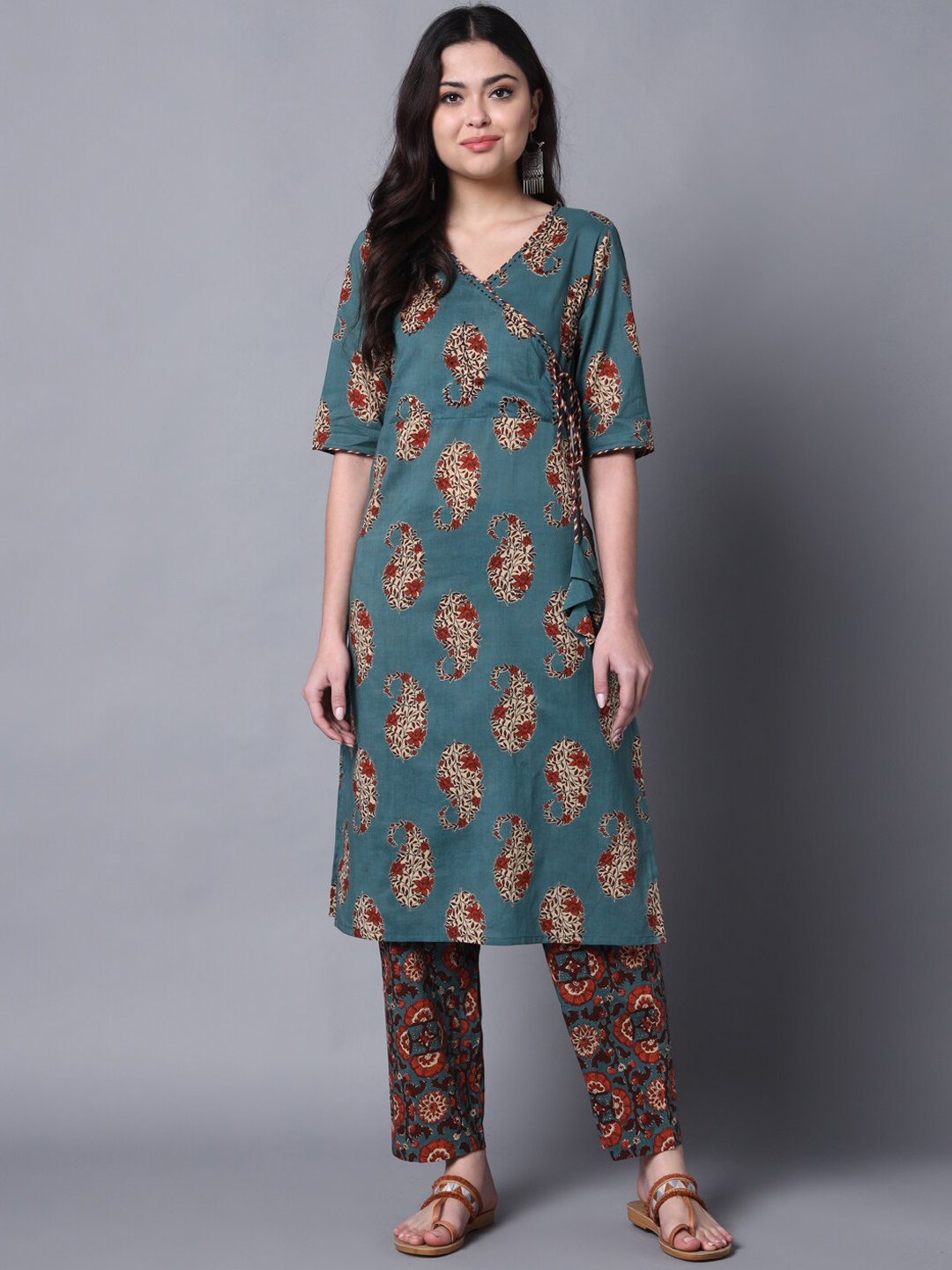 

KALINI Floral Printed V-Neck Pure Cotton Angrakha Kurta with Trousers, Green