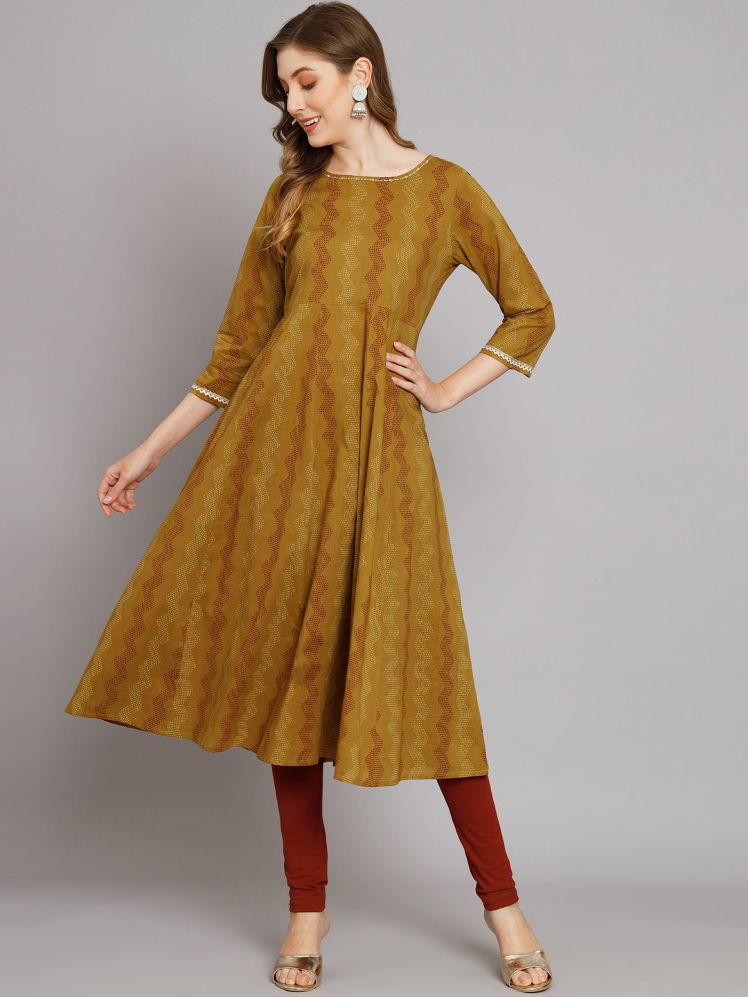 

KALINI Boat Neck Printed Gotta Patti Anarkali Kurta, Mustard