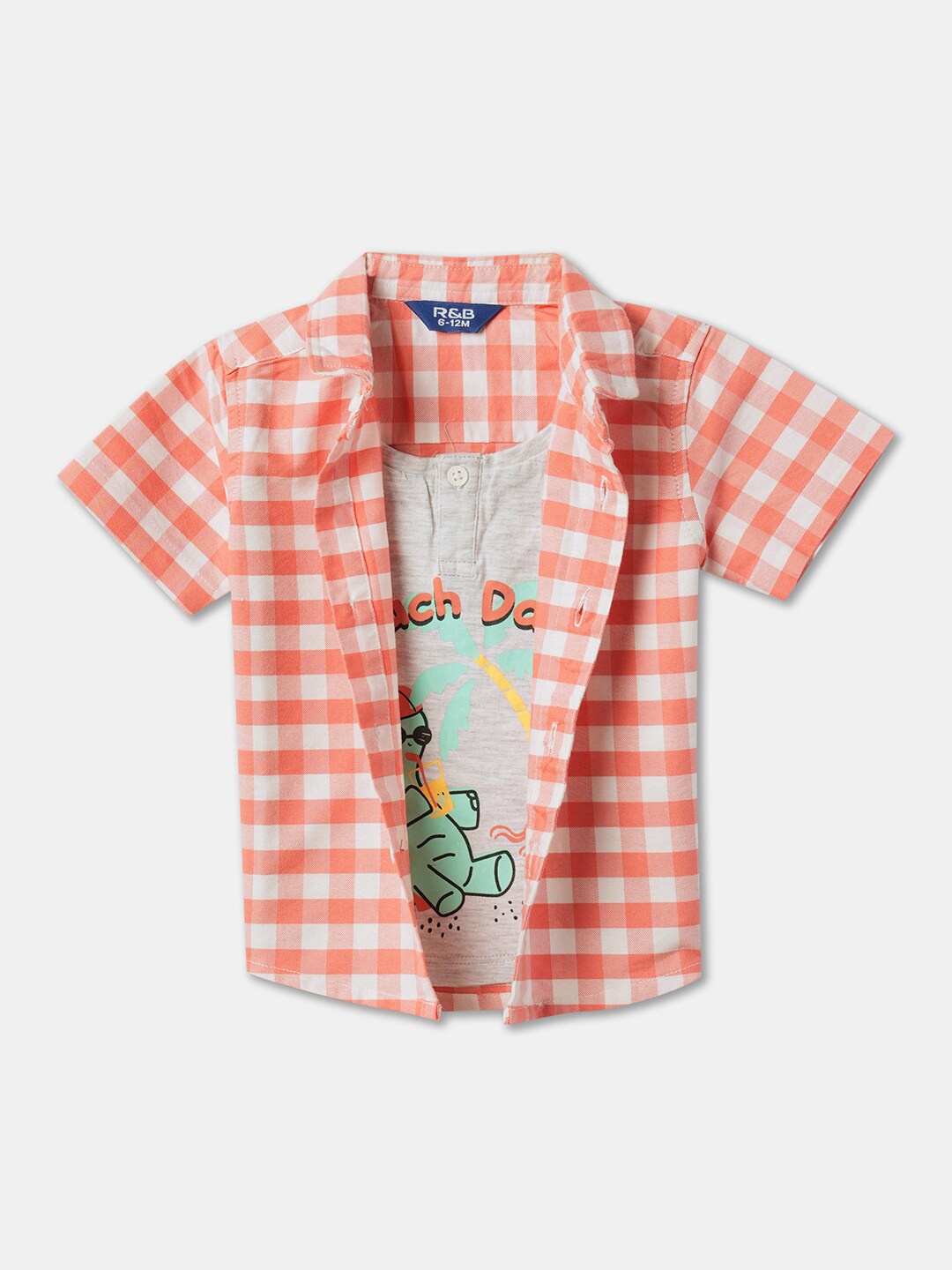 

R&B Boys Gingham Checks Spread Collar Cotton Casual Shirt, Peach