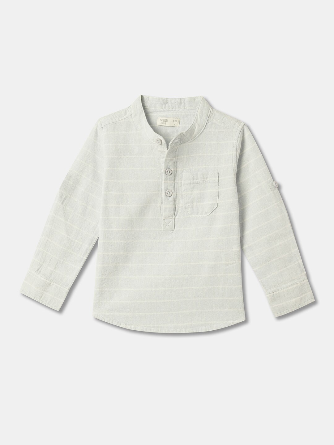 

R&B Boys Horizontal Striped Band Collar Long Sleeves Cotton Casual Shirt, Blue