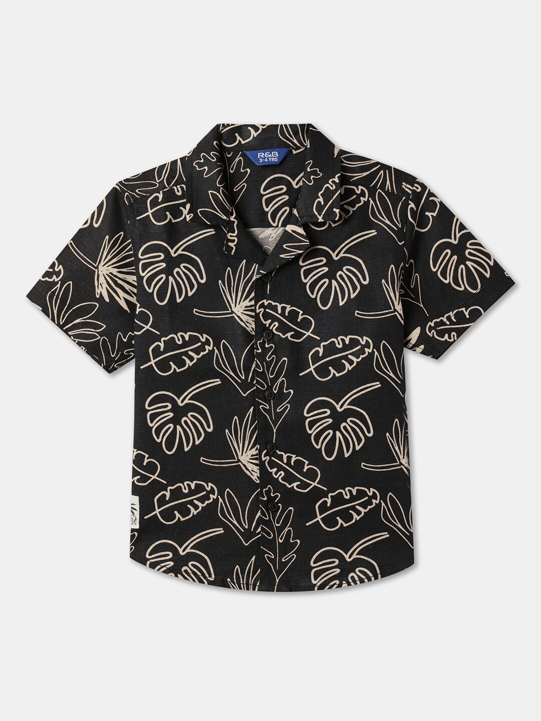 

R&B Boys Floral Printed Cuban Collar Cotton Casual Shirt, Black