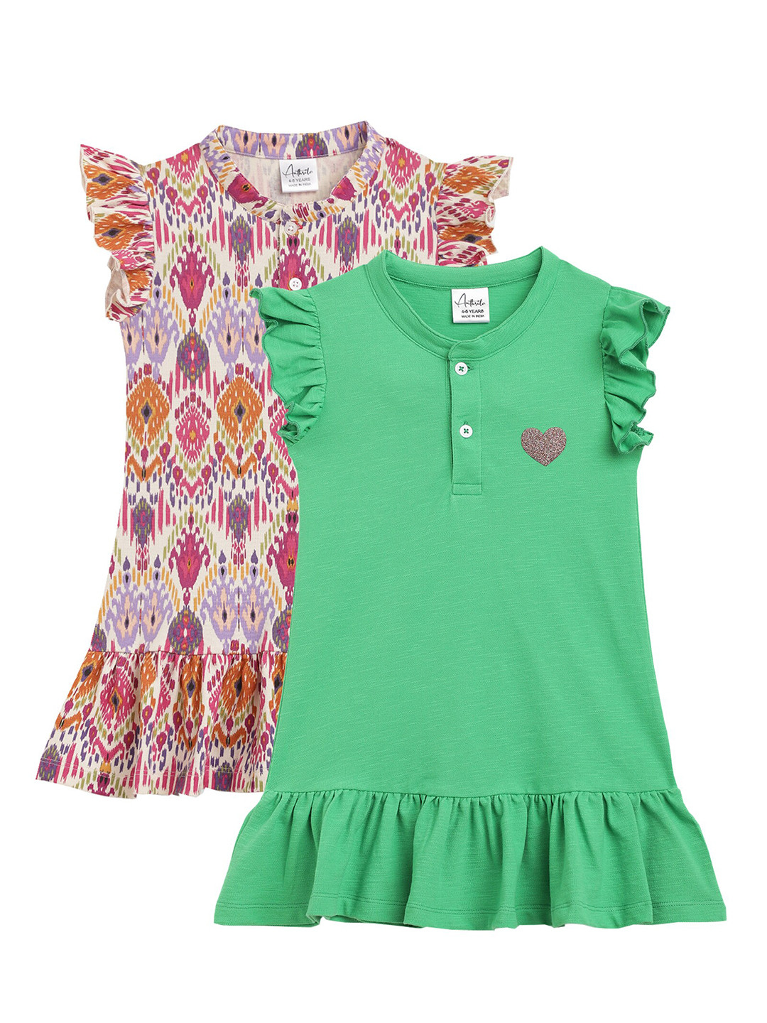 

Anthrilo Girls Pack Of 2 Floral Print Cotton Flutter Sleeve Ruffled A-Line Dresses, Green