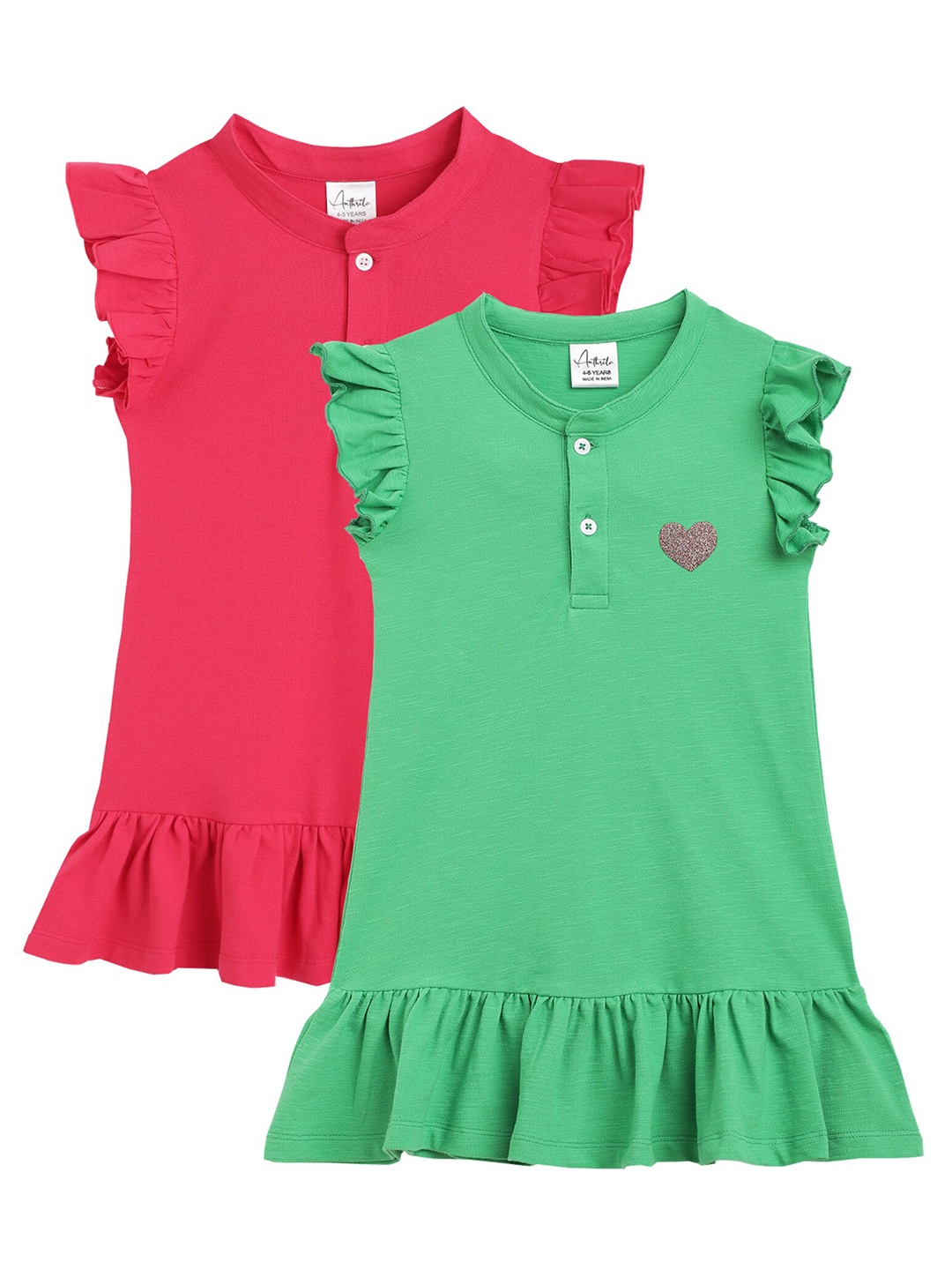 

Anthrilo Girls Pack Of 2 Flutter Sleeves Cotton T-shirt Dresses, Green