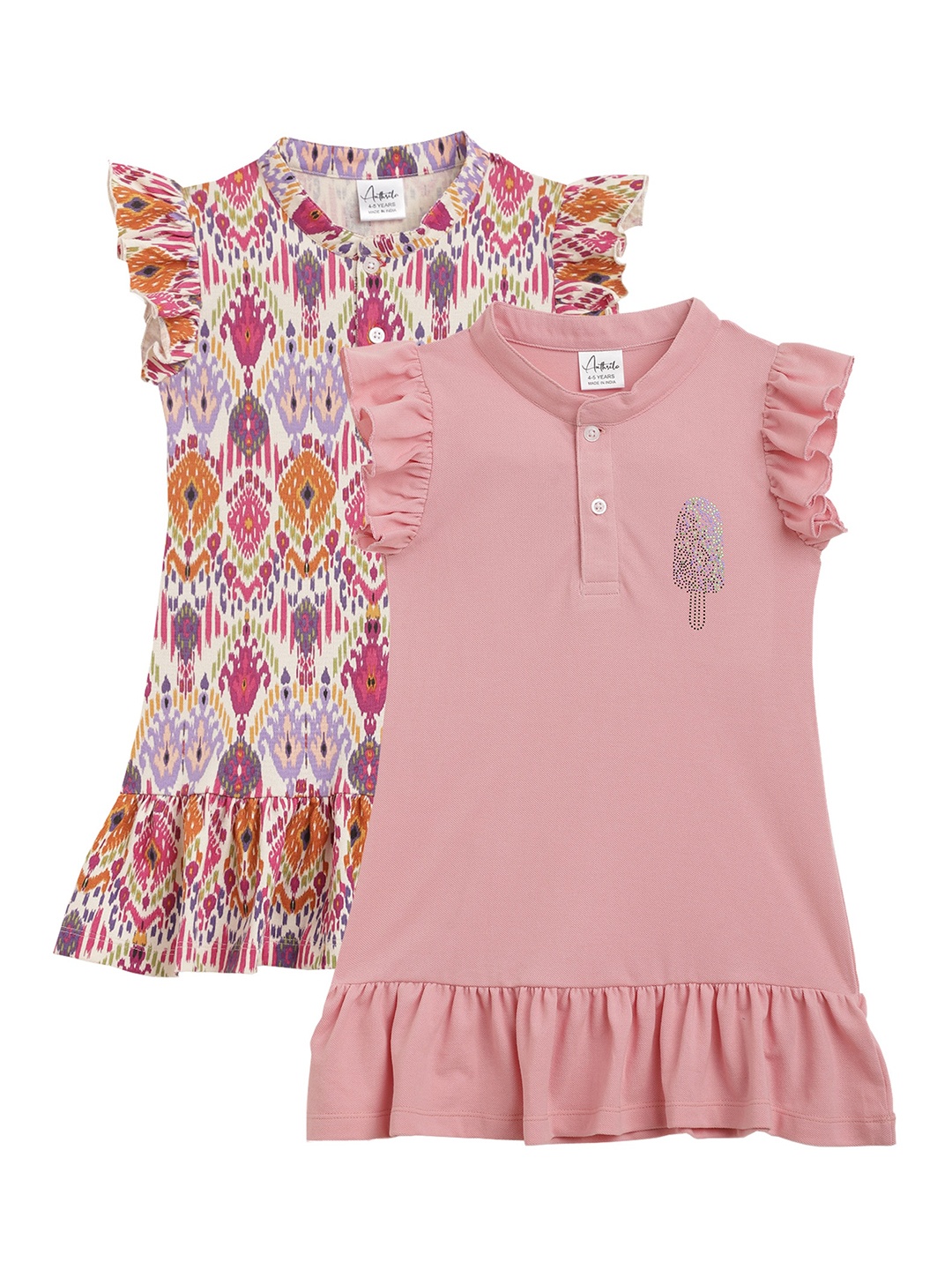 

Anthrilo Girls Pack Of 2 Flutter Sleeves Cotton A-Line Dresses, Pink