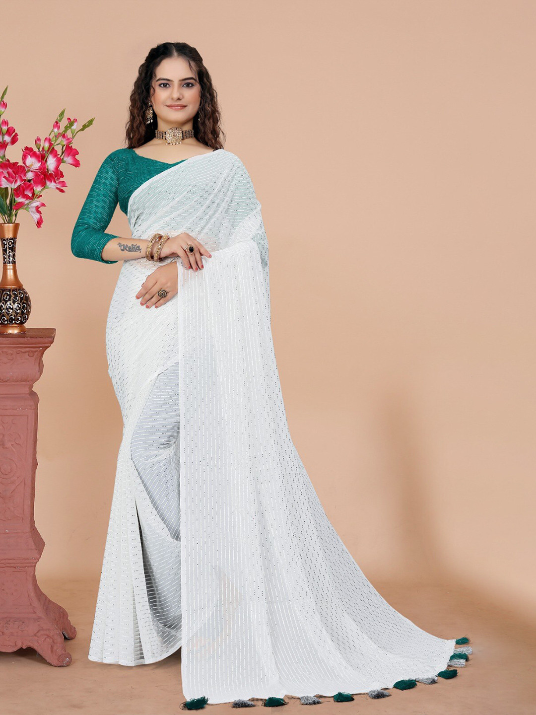 

K 5 Fashion Striped Sequinned Saree, Teal