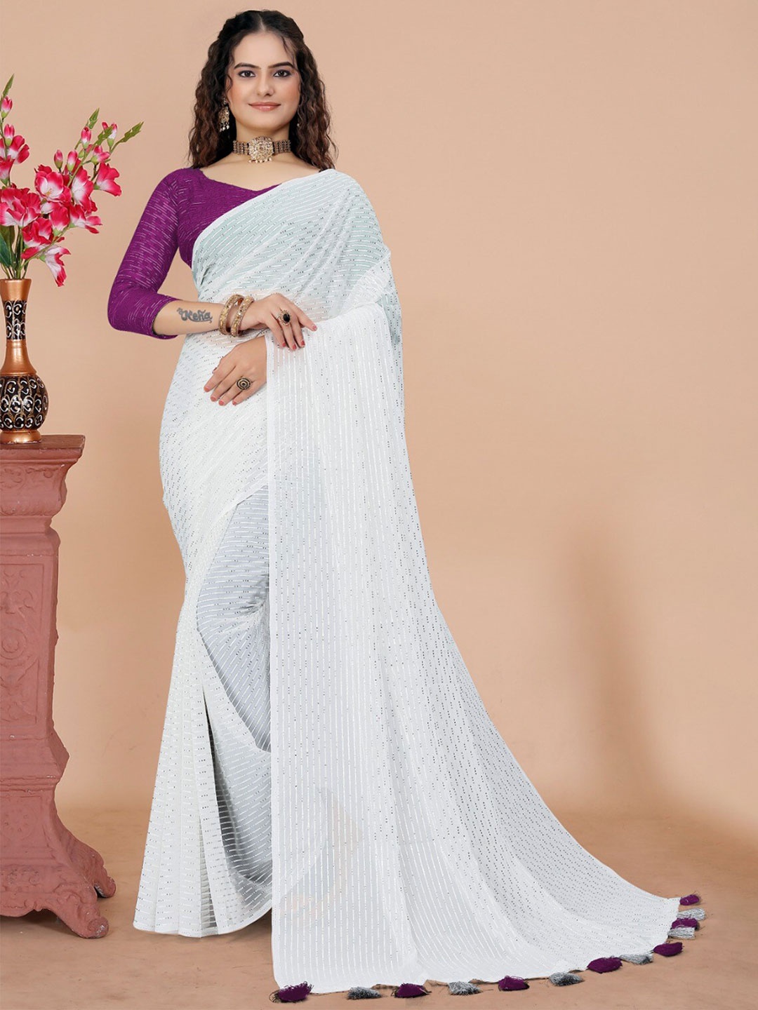

K 5 Fashion Striped Sequinned Saree, Purple