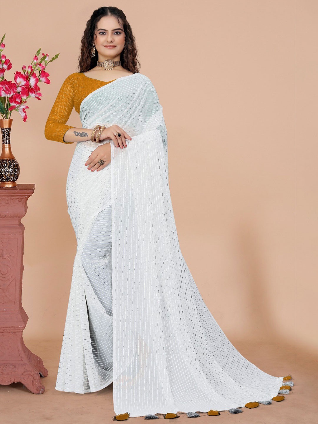 

K 5 Fashion Striped Sequinned Saree, Mustard