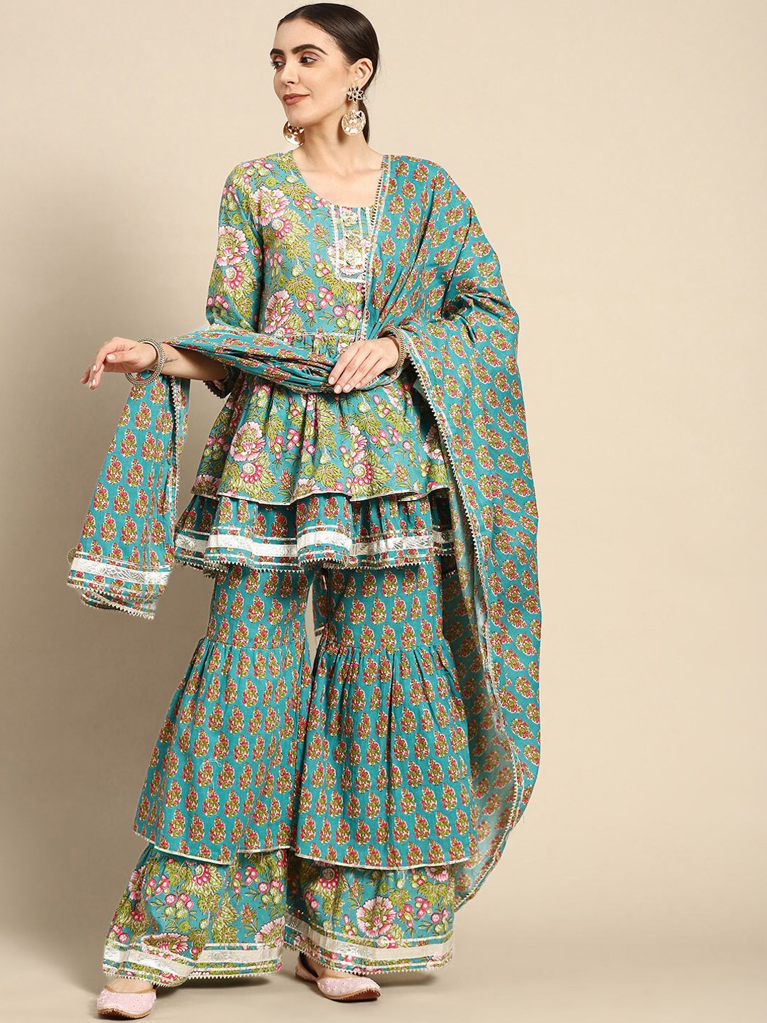 

KALINI Floral Printed Gotta Patti Pure Cotton Kurti With Sharara & Dupatta, Green