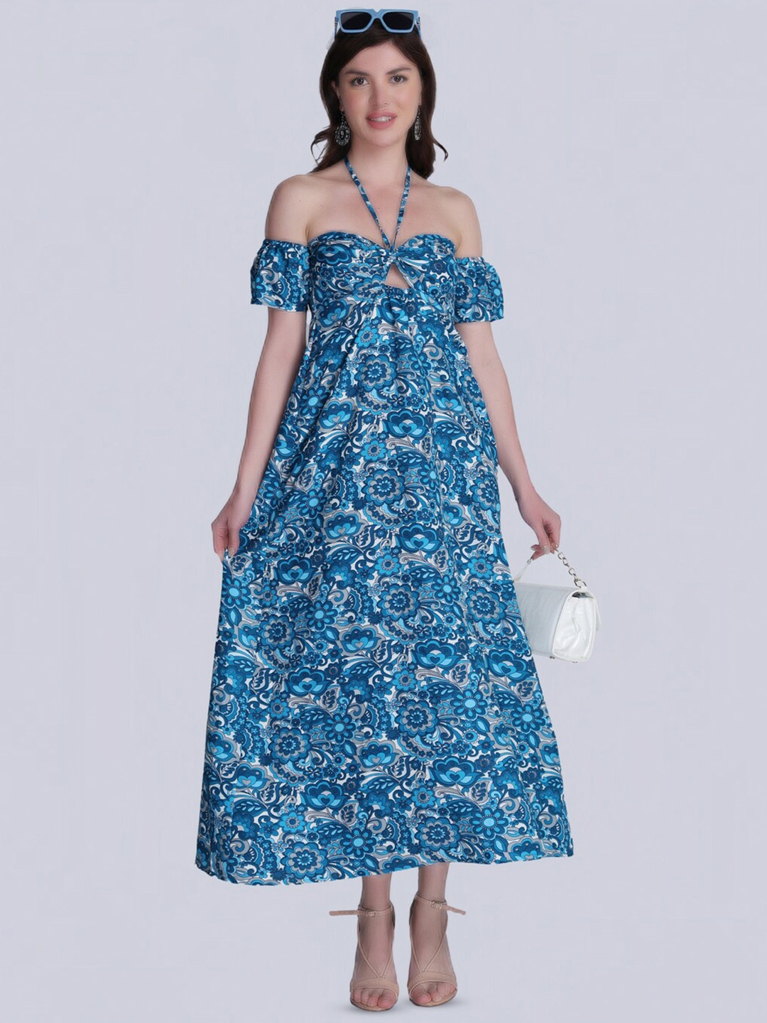 

Orchid Blues Floral Print Off-Shoulder Cotton Maxi Dress, Blue