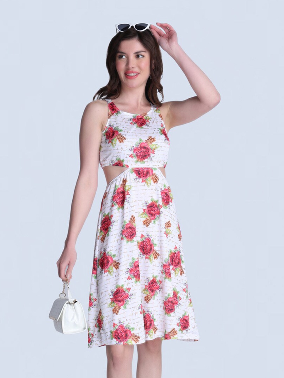 

Orchid Blues Floral Printed Shoulder Straps Cut-Out Detailed Fit & Flare Dress, White