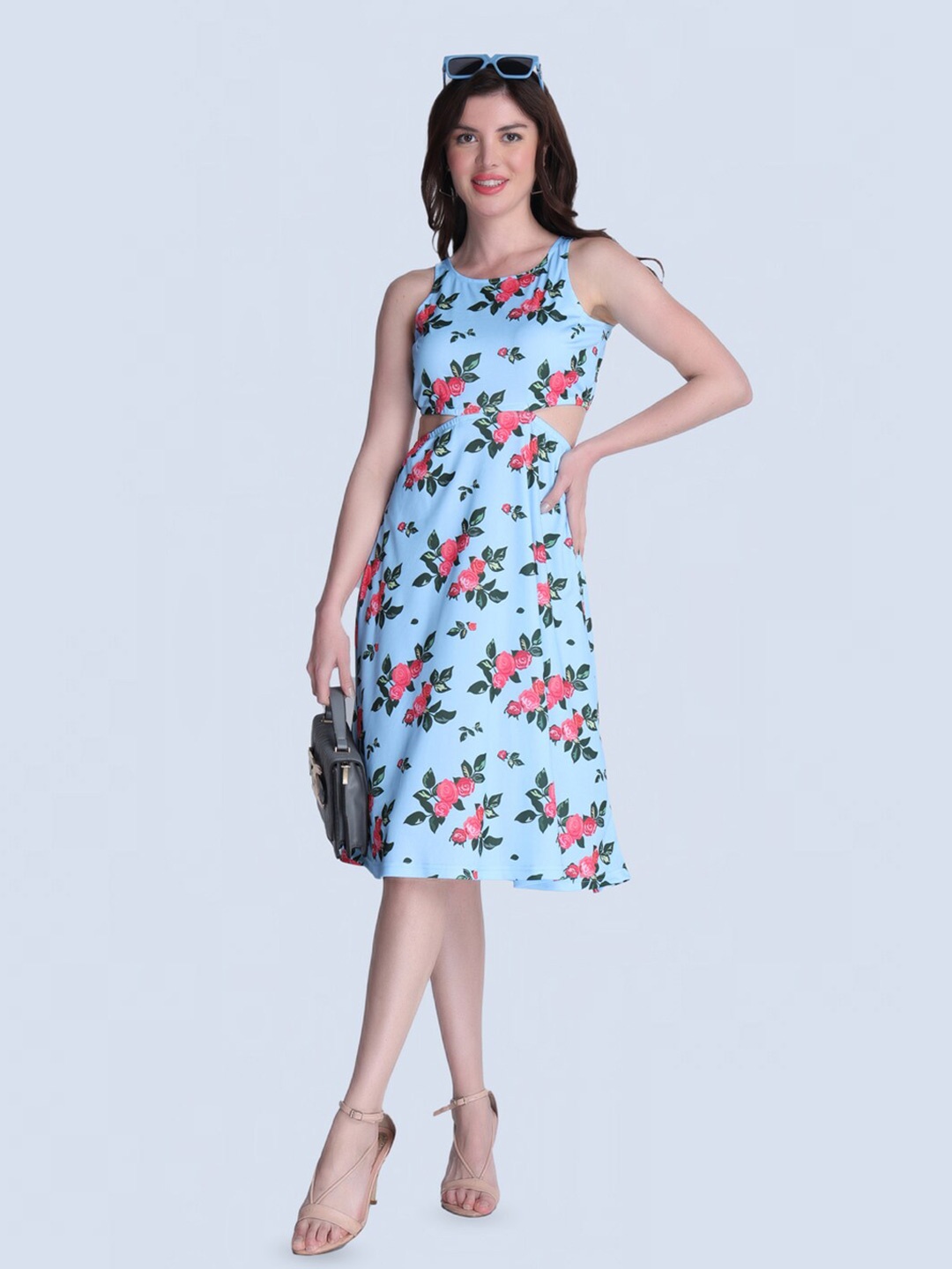 

Orchid Blues Floral Printed Shoulder Straps Cut-Out Detailed Fit & Flare Dress, Blue