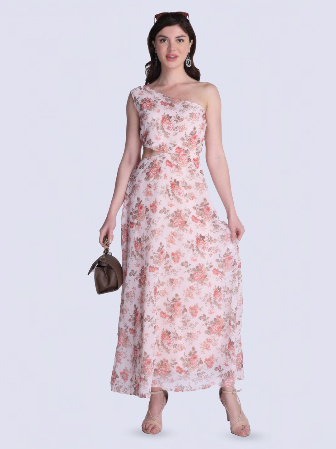 

Orchid Blues Floral Printed One Shoulder Cut-Outs Georgette A-Line Maxi Dress, Beige