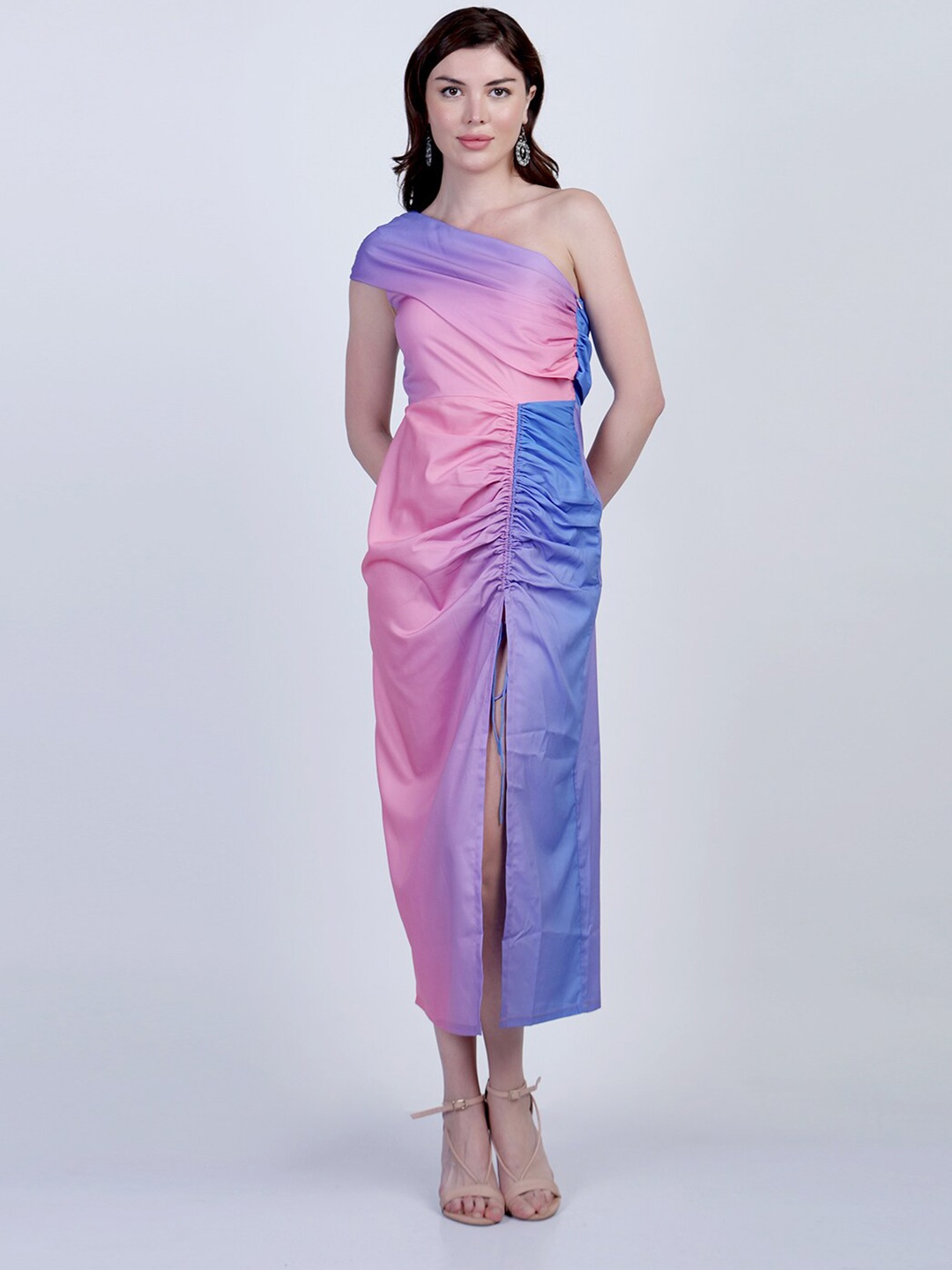 

Orchid Blues Colourblocked One Shoulder Satin A-Line Midi Dress, Pink