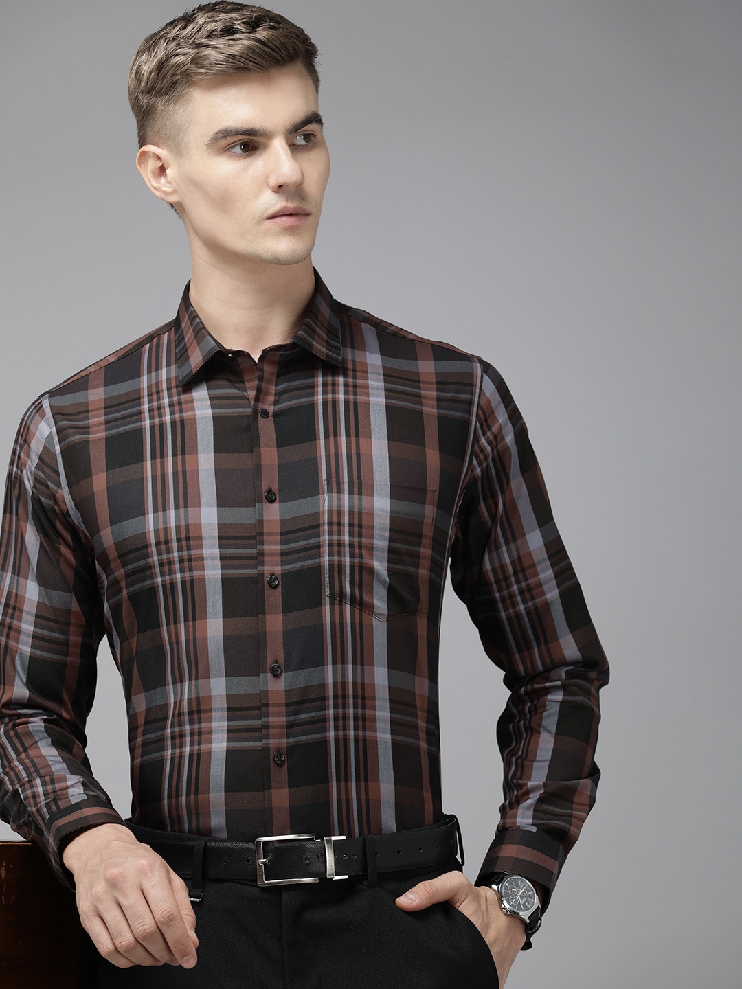 

Van Heusen Slim Fit Checked Formal Shirt, Brown