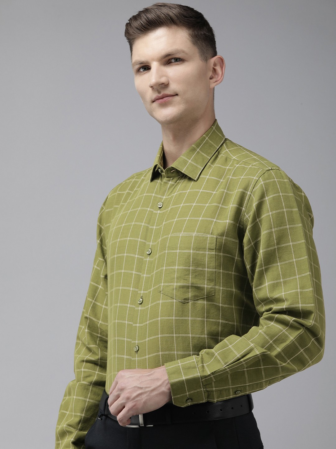 

Van Heusen Linen Cotton Custom Fit Checked Formal Shirt, Olive