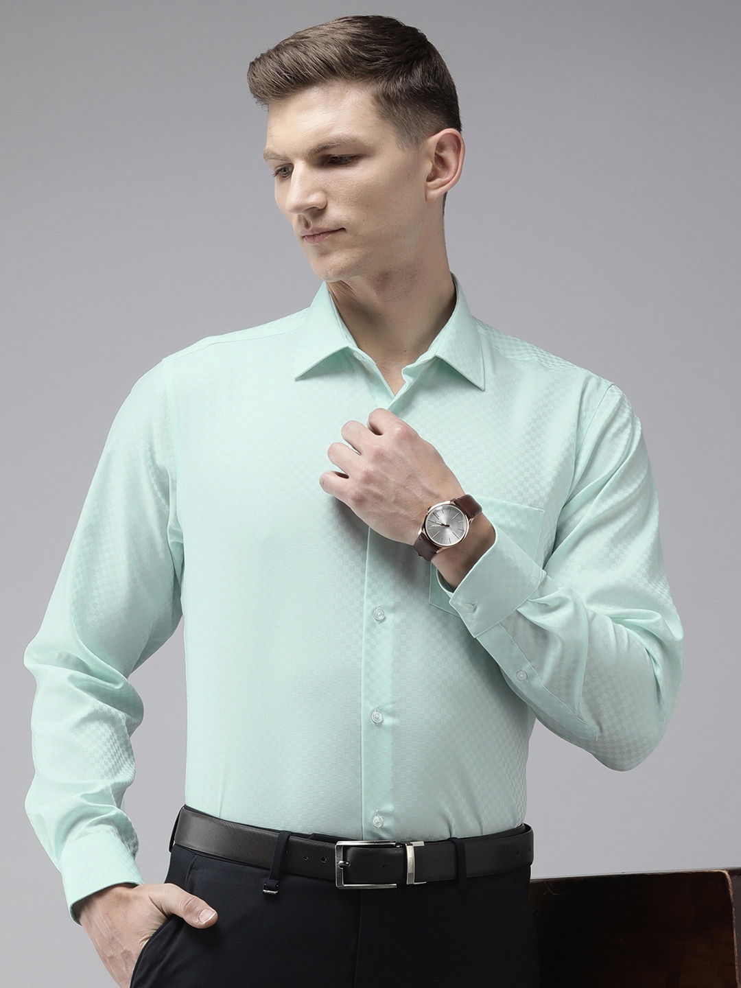 

Van Heusen Pure Cotton Custom Fit Opaque Checked Formal Shirt, Sea green